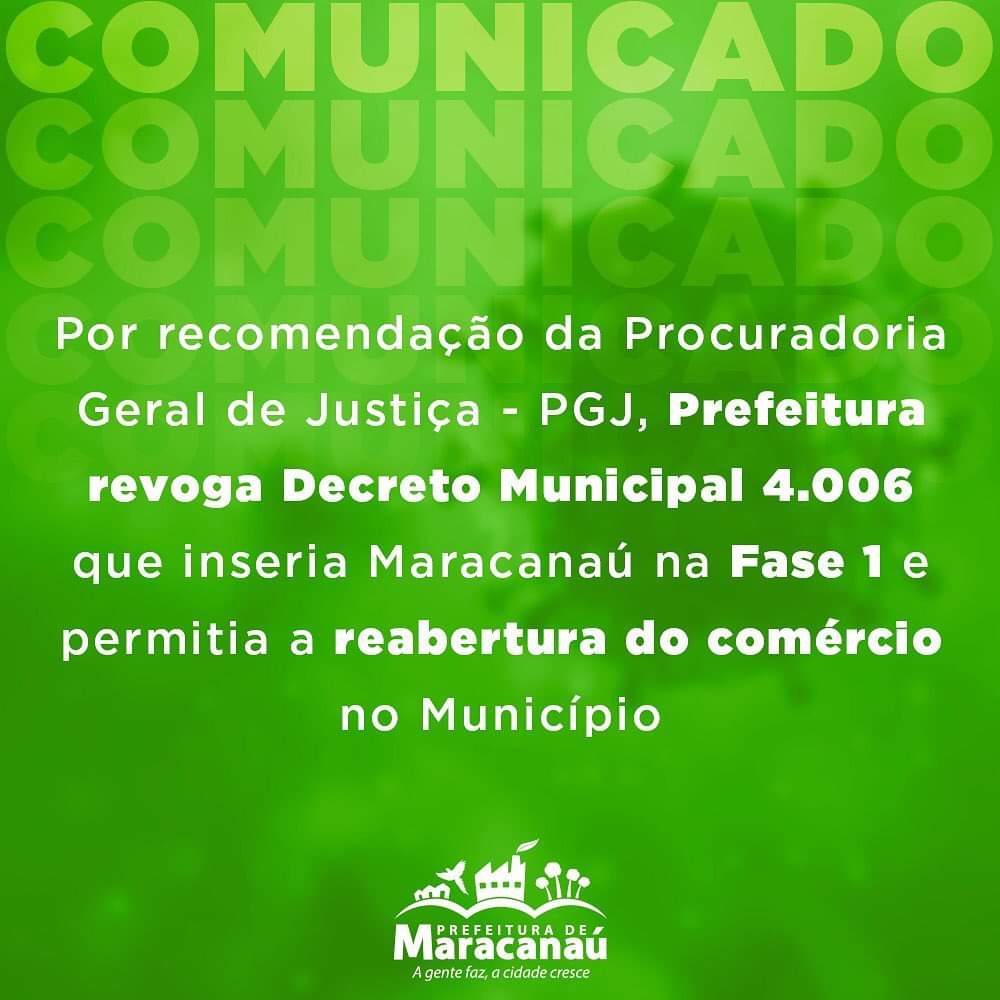 Você está visualizando atualmente Por recomendação da Procuradoria Geral de Justiça- PGJ, Prefeitura revoga Decreto Municipal 4.006 que inseria Maracanaú na Fase 1 e permitia a reabertura do comércio no Município