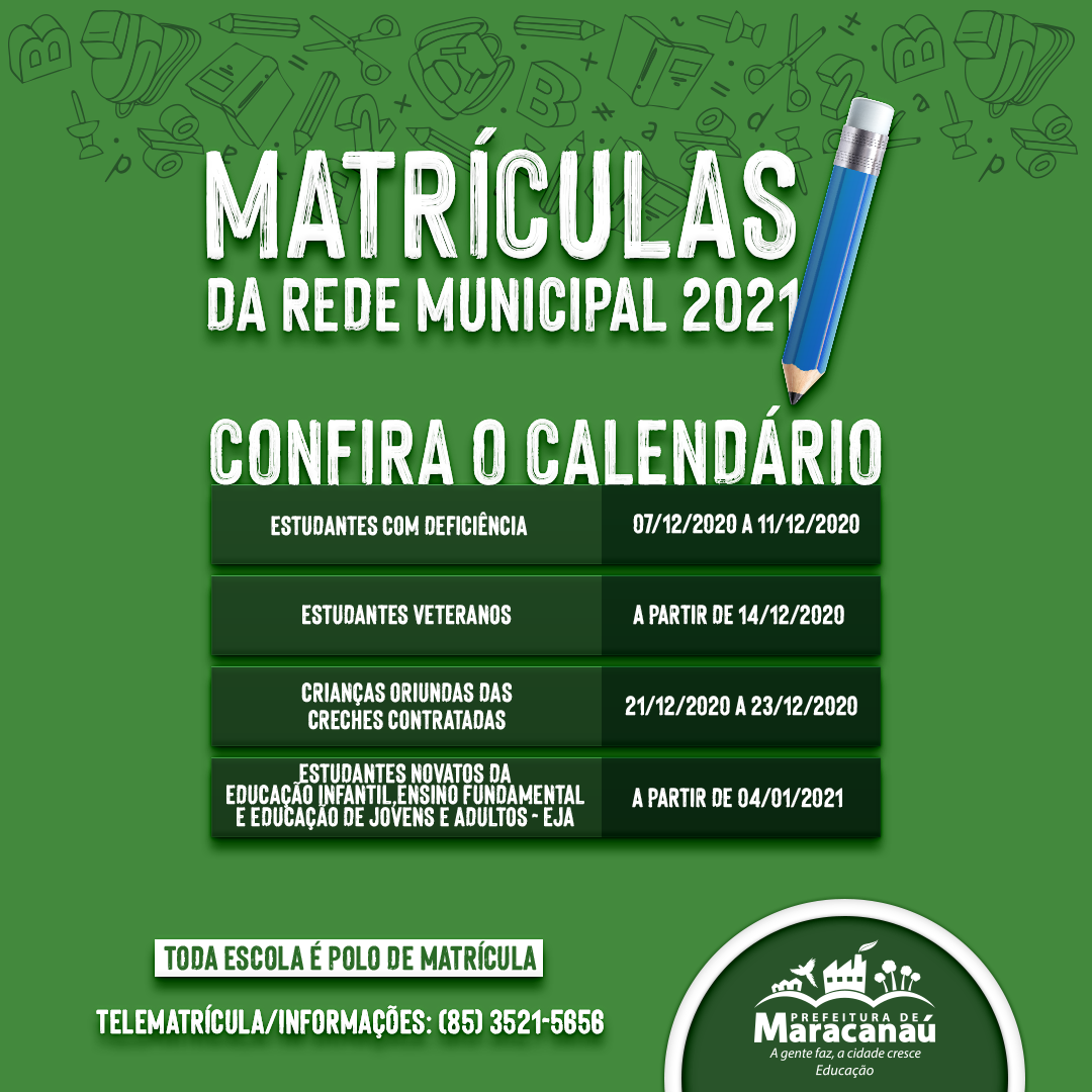 No momento, você está visualizando Prefeitura divulga calendário de matrículas para o ano letivo de 2021