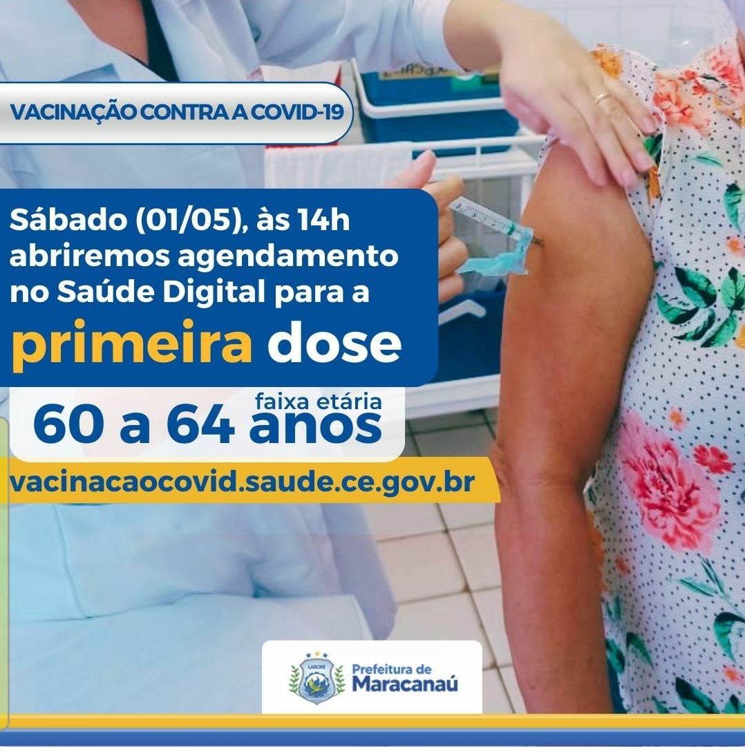 Leia mais sobre o artigo Sábado (01/05) às 14h, abriremos agendamento para 1ª dose – 60 a 64 anos