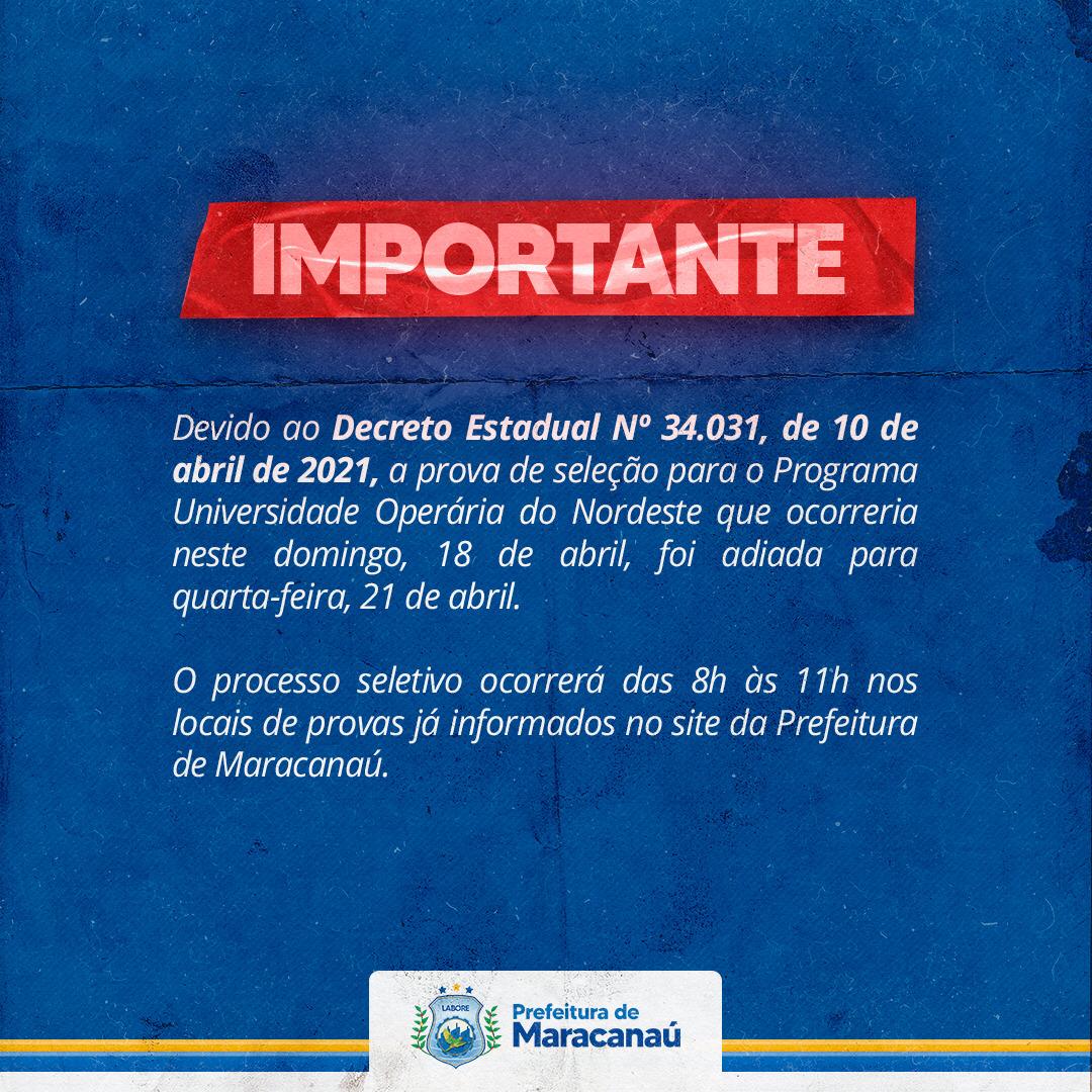 Read more about the article Prova de seleção do Programa Universidade Operária do Nordeste é adiada para quarta-feira, 21 de abril