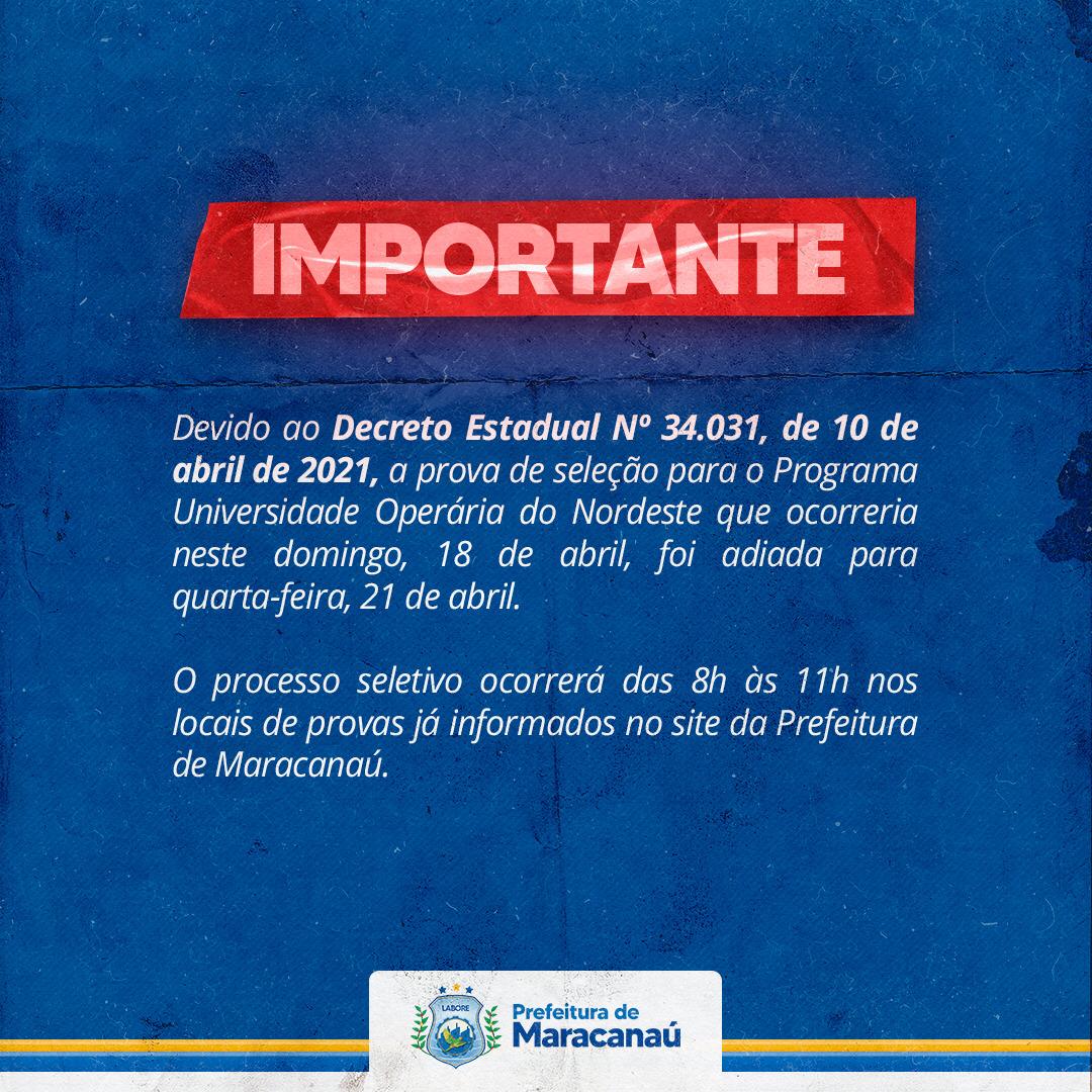 No momento, você está visualizando Prova de seleção do Programa Universidade Operária do Nordeste é adiada para quarta-feira, 21 de abril