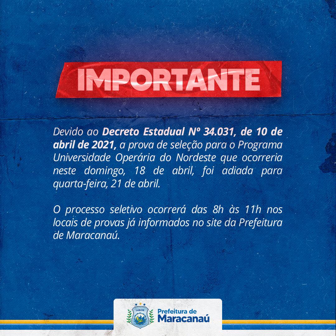 Você está visualizando atualmente Prova de seleção do Programa Universidade Operária do Nordeste é adiada para quarta-feira, 21 de abril