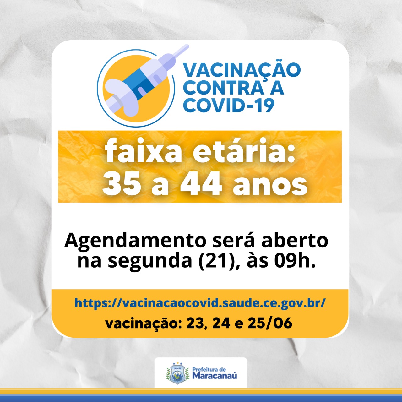Você está visualizando atualmente Maracanaú abre agendamento de vacinação para pessoas de 35 a 44 anos nesta segunda, 21