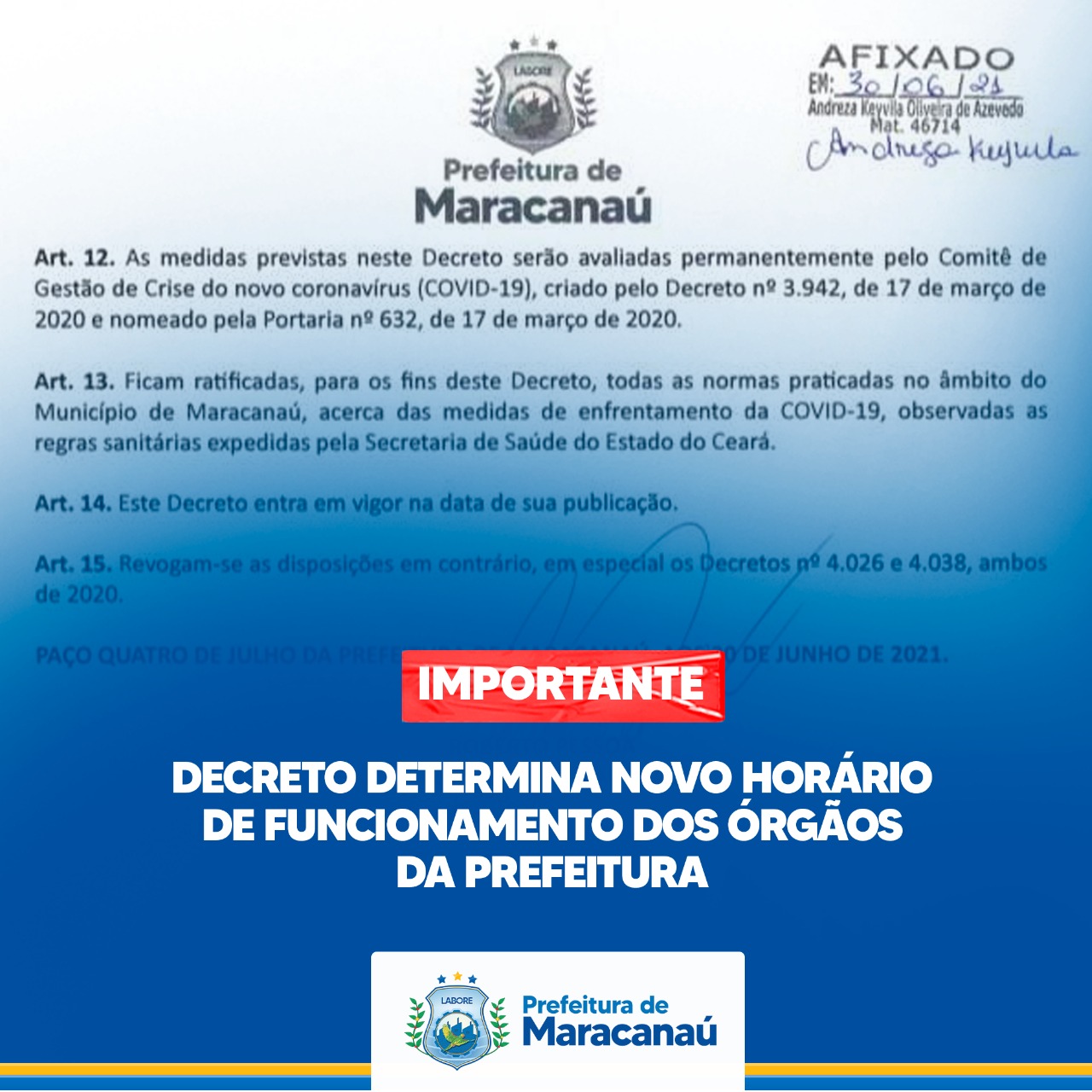 Leia mais sobre o artigo Decreto determina novo horário de funcionamento dos órgãos da Prefeitura