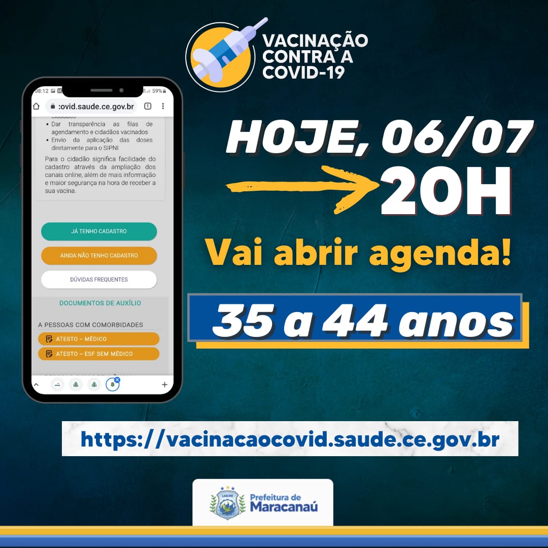 Você está visualizando atualmente Agendamento para vacinação contra a Covid-19, para a faixa etária 35 a 44 anos será aberto hoje, 06/07 às 20h