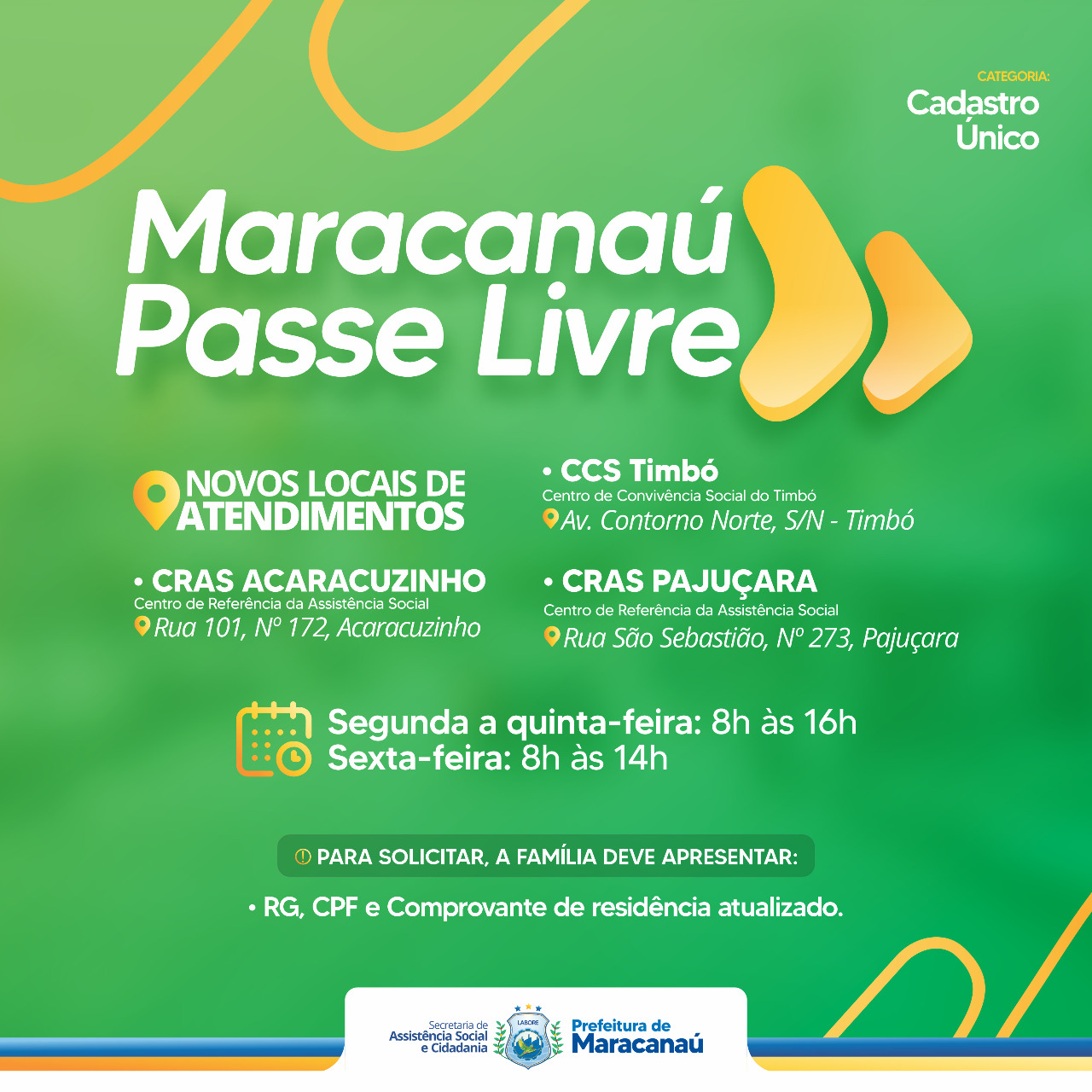 No momento, você está visualizando Sasc divulga novos locais de atendimentos do Programa “Maracanaú Passe Livre”