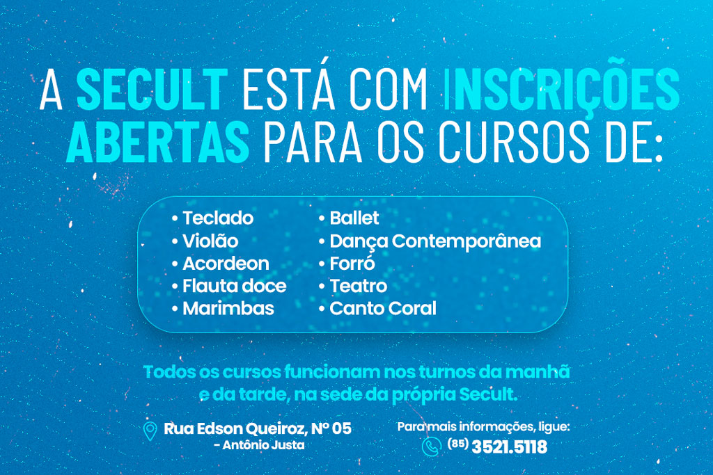 Você está visualizando atualmente Secult abre vagas para cursos gratuitos