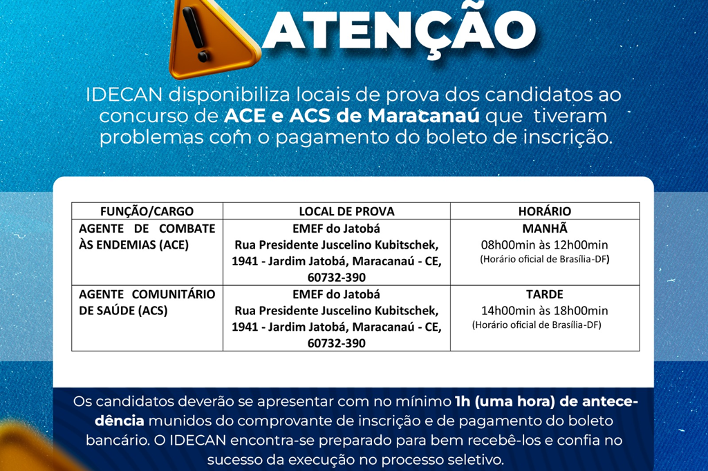 No momento, você está visualizando IDECAN divulga local de prova dos candidatos ao concurso de ACE e ACS que tiveram problemas com o pagamento do boleto de inscrição